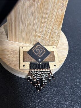 Handcrafted Geometric Metal Beaded Fringe Pendant in Black Bronze Brooch